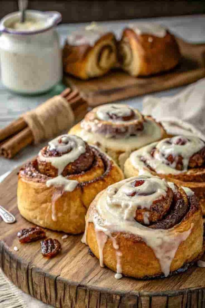 Cinnamon rolls sur un plateau en bois et entouré de bâtons de cannelles .