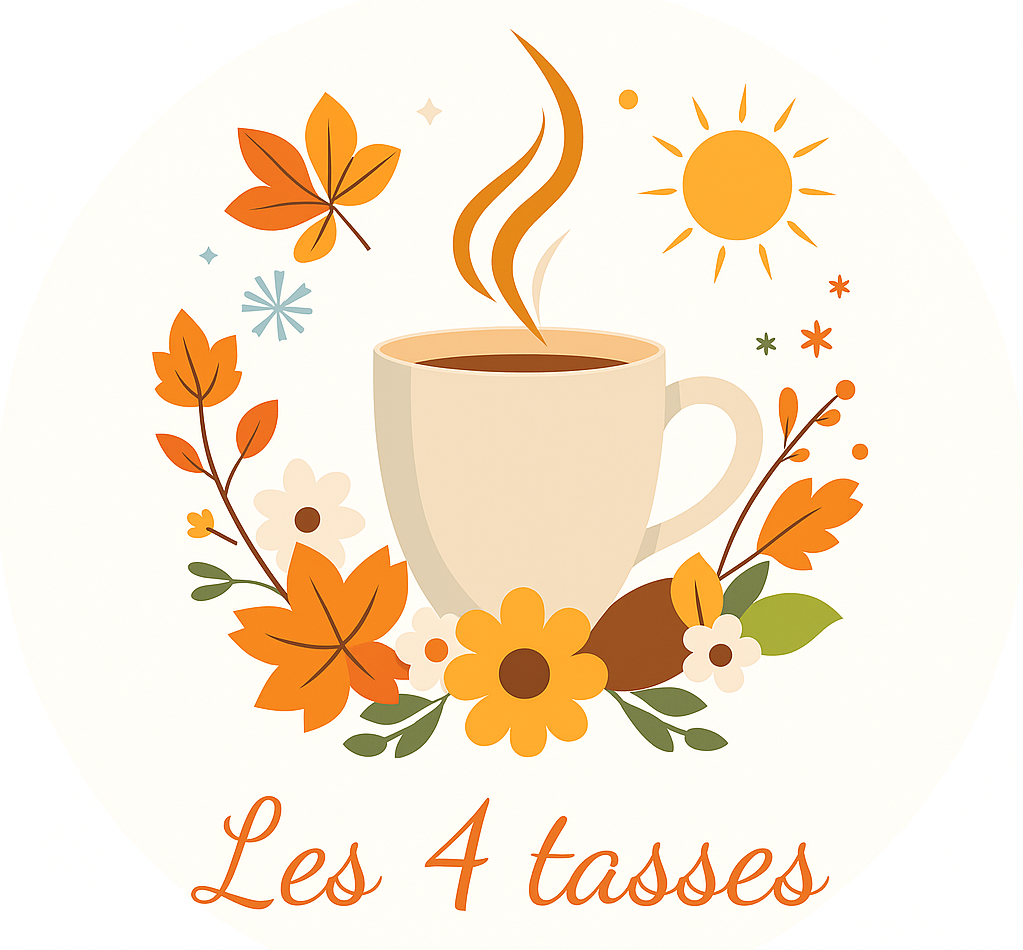 Les 4 Tasses logo composé d'une tasse avec fumée et des éléments de chaque saison autour comme soleil, fleurs, feuilles, et boisson chaude de nöel