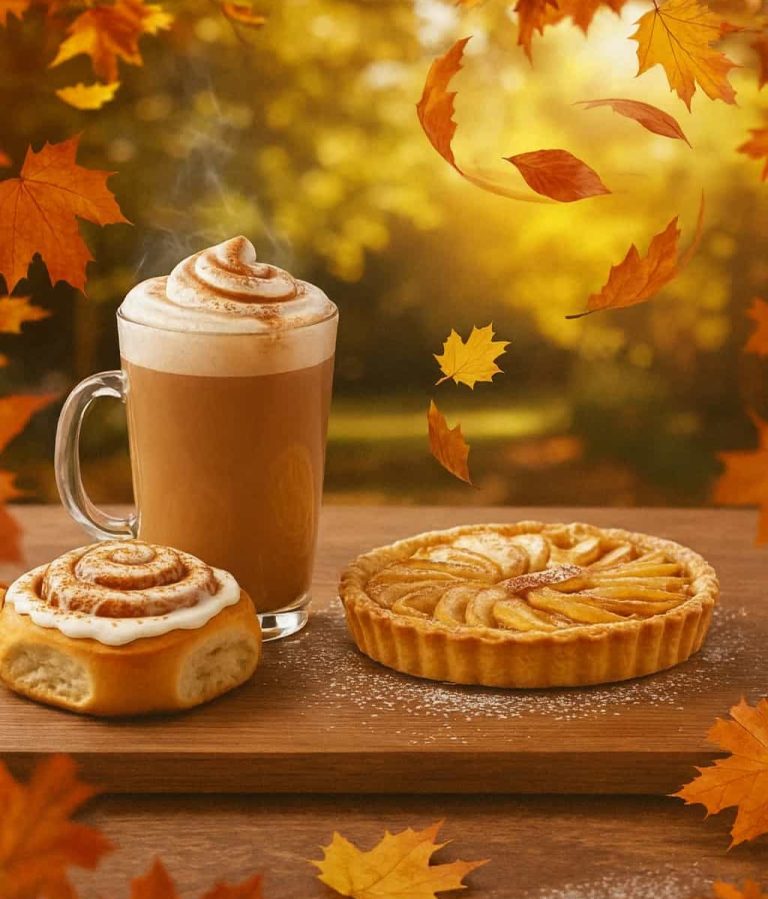 chai latte, tarte aux pommes et cinamon roll entourés de feuilles d'automnes