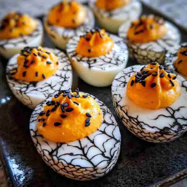 oeufs mimosas avec des décors de toiles d'araignées et mayonnaise orange