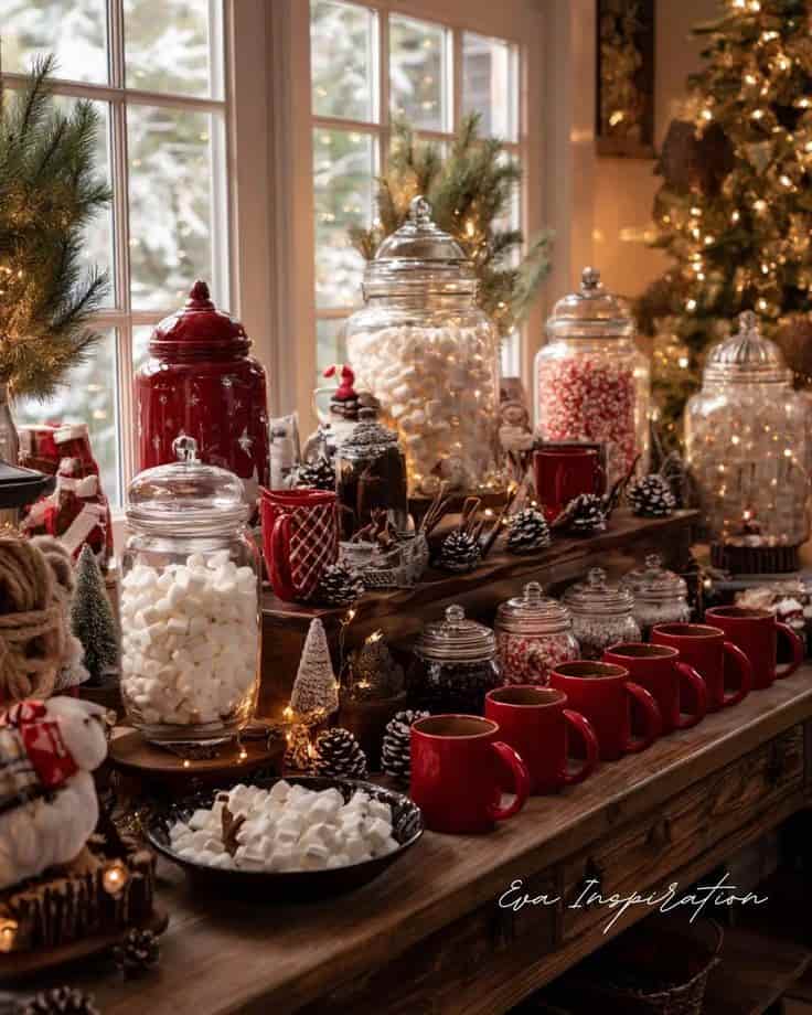 cuisine avec de la vaisselle pour un menu d'hiver, des mugs, des bonbonneries et décors de noel