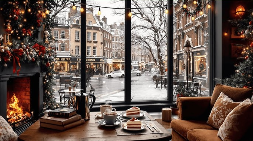 salon avec canapé et gateau devant des fenêtre avec rue sur la rue en hiver