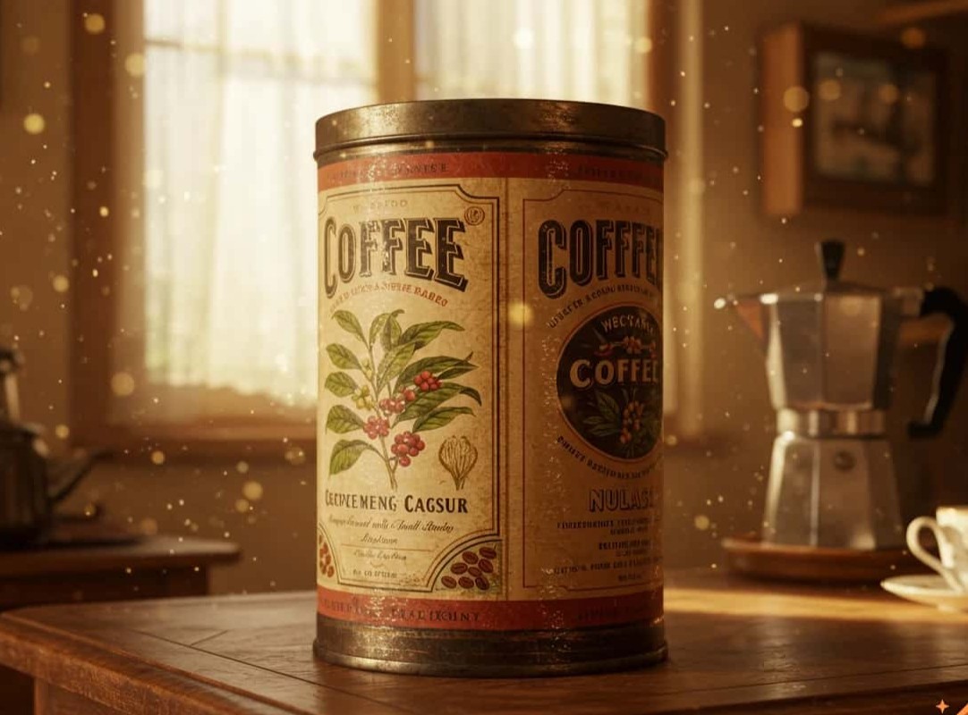 boîte métallique avec écrit café dans une cuisine. la boîte peut aussi bien contenir cafés et thés