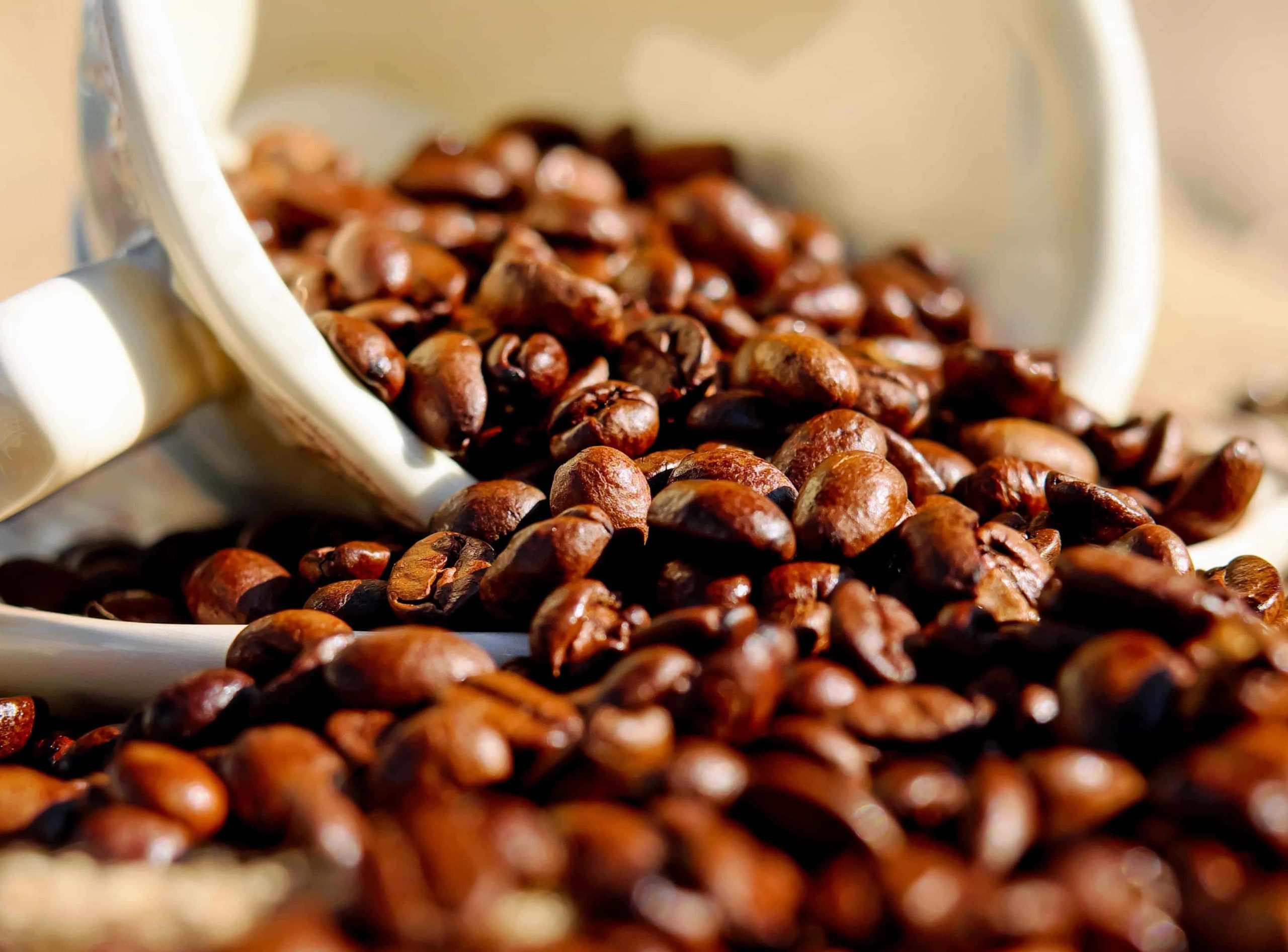 graines de café qui sortent d'une tasse renversée