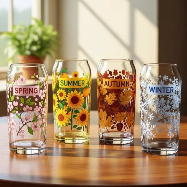4 verres dont chacun à l'effigie des saisons: le premier avec écrit printemps en anglais et des fleurs de cerisier, le deuxième avec écrit été en anglais avec des tournesols, le troisième avec des feuilles d'autnomes et la saison écrite en anglais et des flocons de neige pour l'hiver avec écrit winter dessus